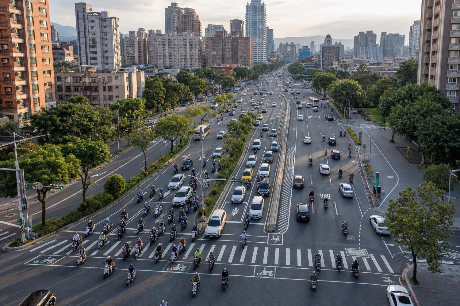 台灣城市道路空拍，汽機車混流車陣情境